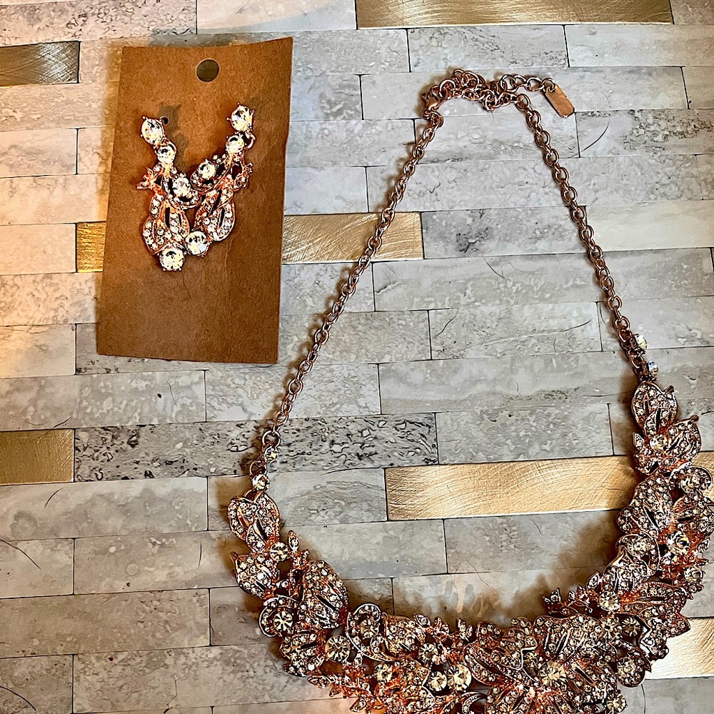 Rose, gold earring and necklace set with bling bling